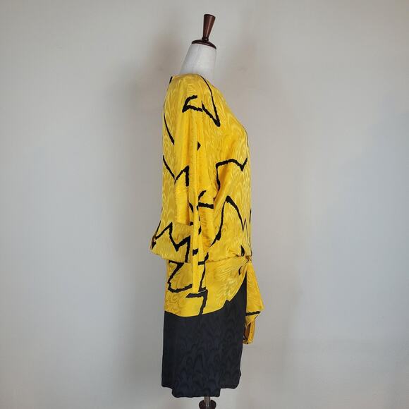 VTG Lillie Rubin Dress 4 Yellow Black Silk Drop Waist Blouson Zigzag Print 80s - Picture 2 of 9